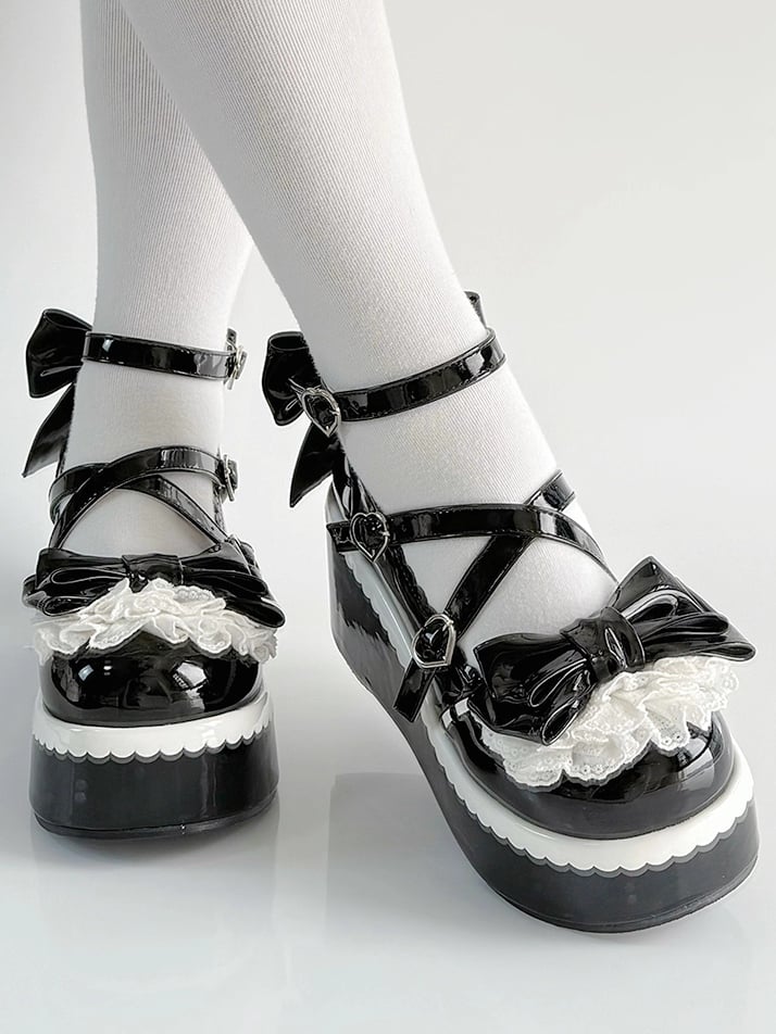 Black Design Sweet Platforms Scalloped Edge PU - Leather