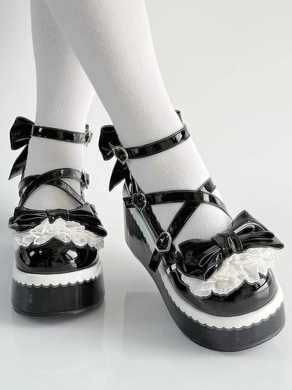 Black Design Sweet Platforms Scalloped Edge PU - Leather