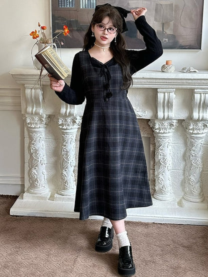 Plus Size Dusty Blue High Waist Plaid Pattern Woolen Overall Dress