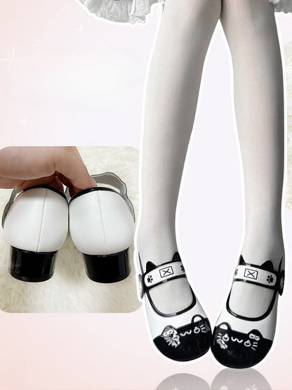Straps - Print Round Mary Low-heel Cat Paw Ear Stitching Cute Janes Kitty in Toe PU Adorable Black with