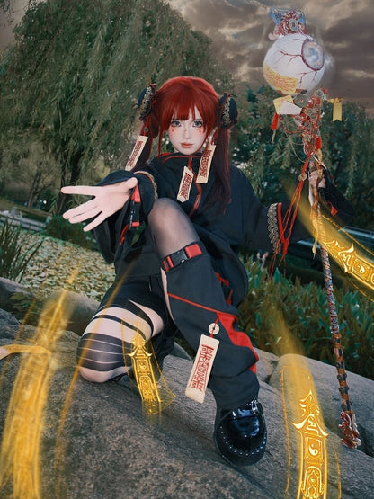 Zombie Cheongsam Red - Black Jacket Techwear Style Little Goth Talisman Embroidered