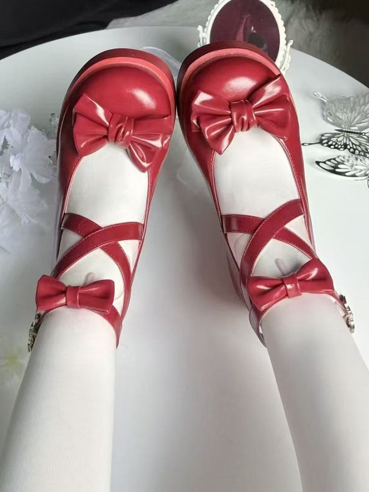Platform Straps Sweet with Crisscross Lolita Accents Shoes Wine Red Bow