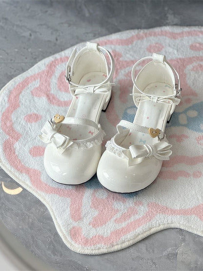 with Sandals Snap Sweet White and Low-heel Lolita Heart-Shaped Style Bows Decor