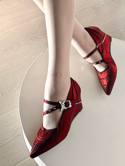 Cross Mary Toe Pointed with Velvet Shoes Gothic Red Embroidery Jane Heel 7cm