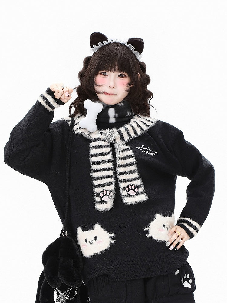 Sweater Scarf Paw Striped with Kawaii Pattern Cat Apricot/Black/Blue Embroidery Daily