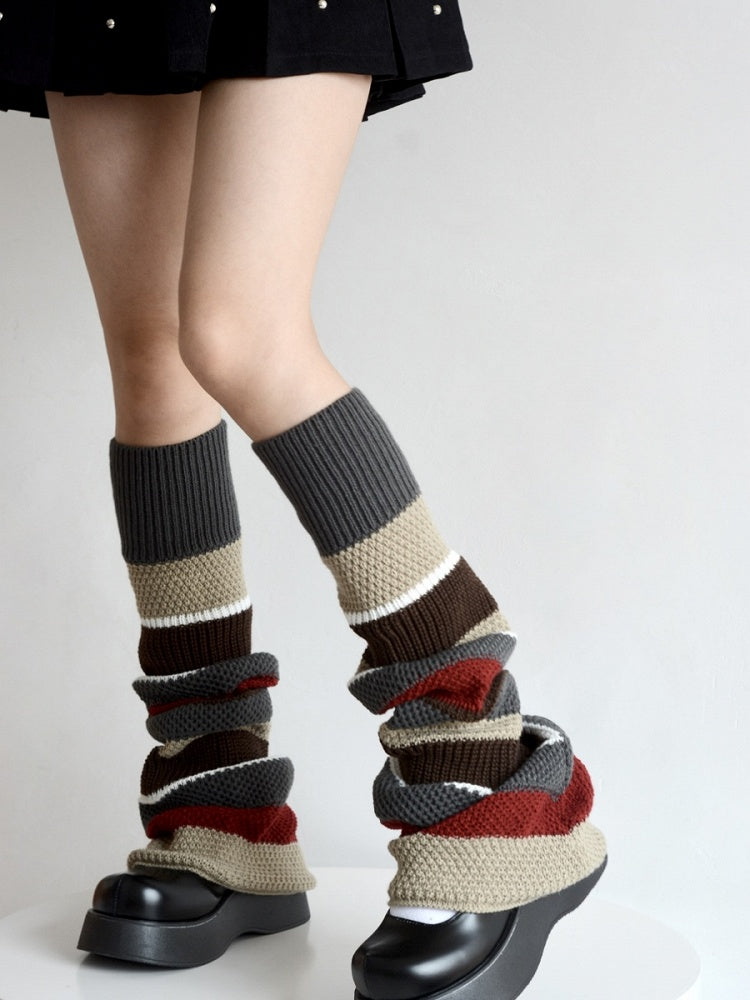 Color-Block Knitted Pattern Leg Retro Striped Warmers Maillard