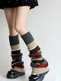 Color-Block Knitted Pattern Leg Retro Striped Warmers Maillard