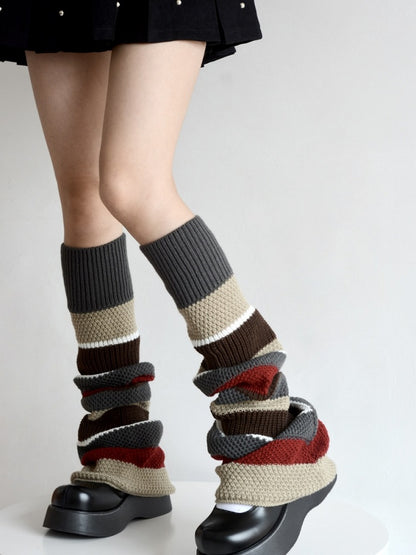 Color-Block Knitted Pattern Leg Retro Striped Warmers Maillard