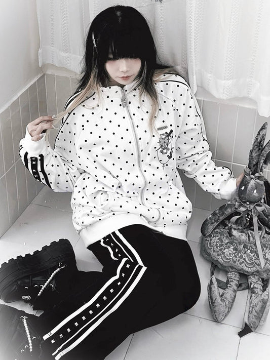 Printed Long-Sleeve Kei Jacket with Polka Jirai Decorations Stud Dot Casual White