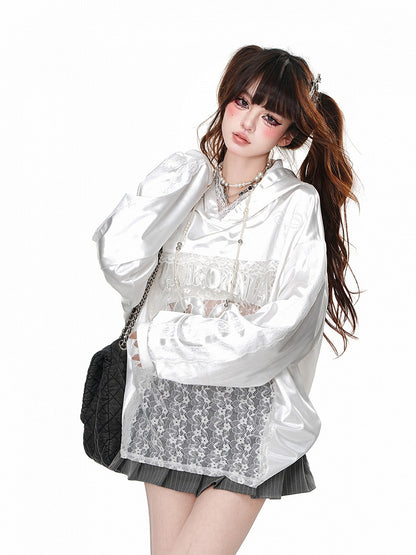 Black/White Bowknot Embroidery Contrast Lace Patches Loose Hoodie