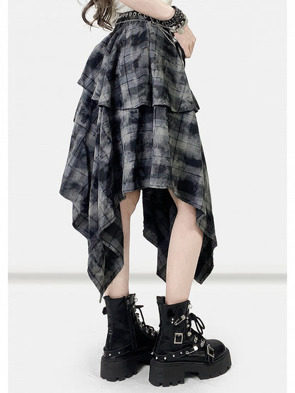 ハンカチ ダークヘム チェック柄スカート ほろ苦いグレー