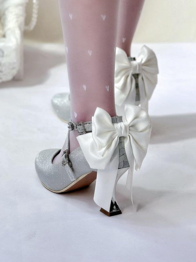 Toe Lolita PU Heels - High Silver Pointed Sparkling