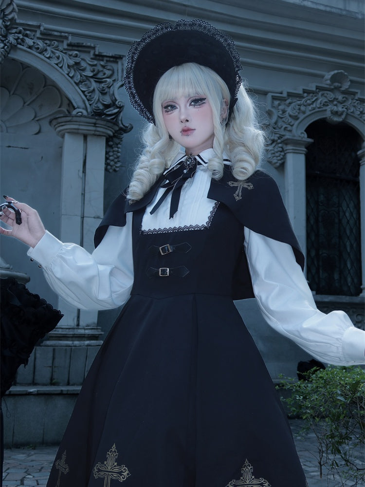 Black & Gold Cross Print Cape Design Gothic Dress Nun Lolita OP