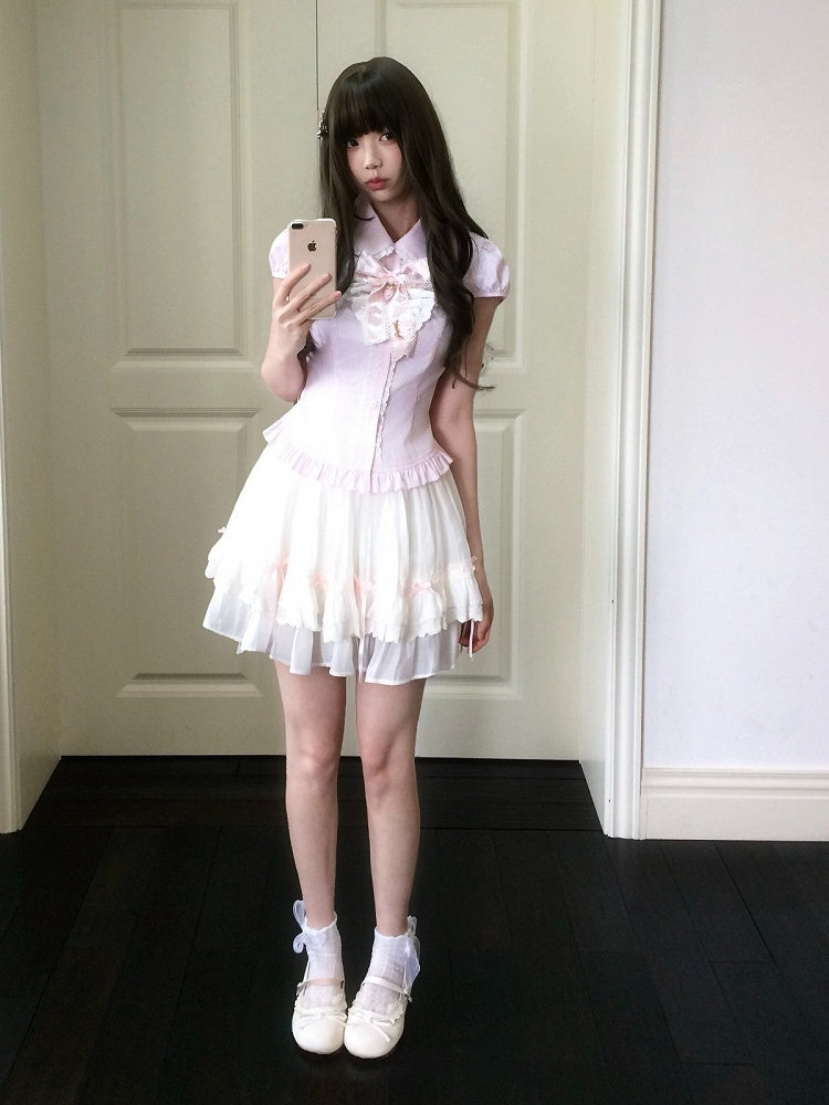 Pink Details Lace Blouse Seiso-Kei Ruffle Short Sleeve Striped With Bow Style