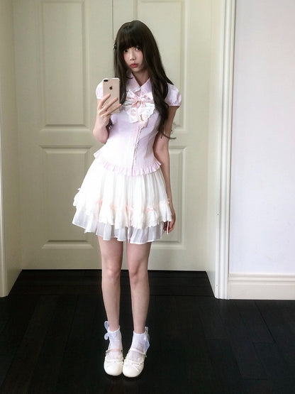 Pink Details Lace Blouse Seiso-Kei Ruffle Short Sleeve Striped With Bow Style