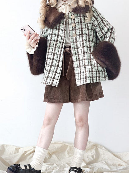 Plush Faux Coat Cropped Fur Cuffs Mint Green Tweed Chocolate with Lolita