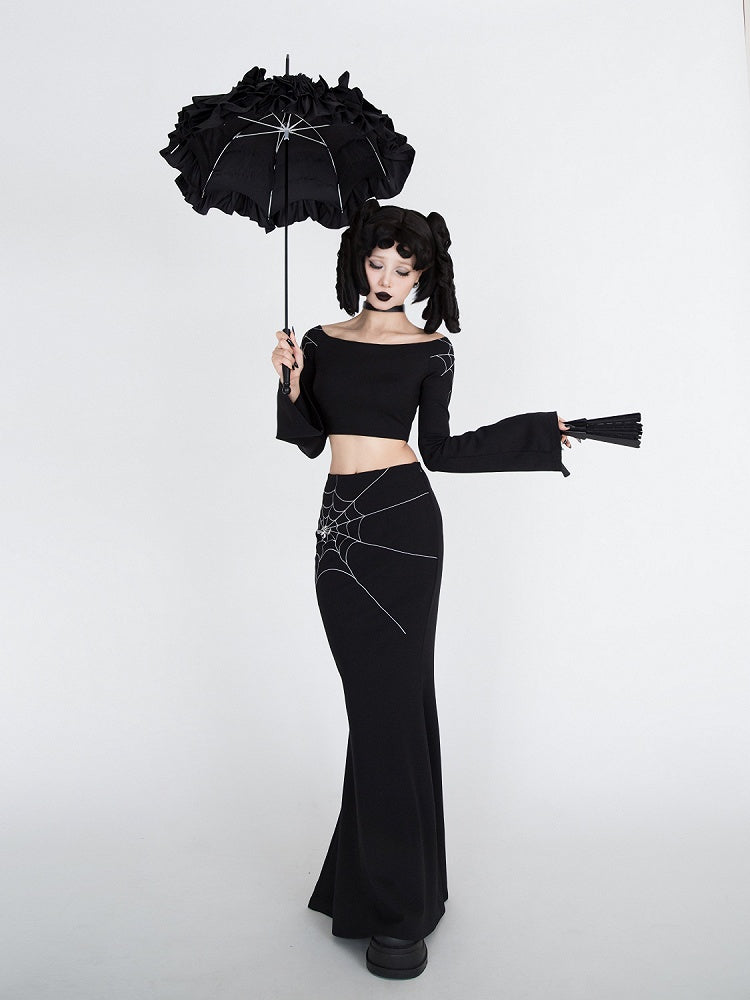 Gothic Black Spiderweb Bell Sleeves Cropped Top