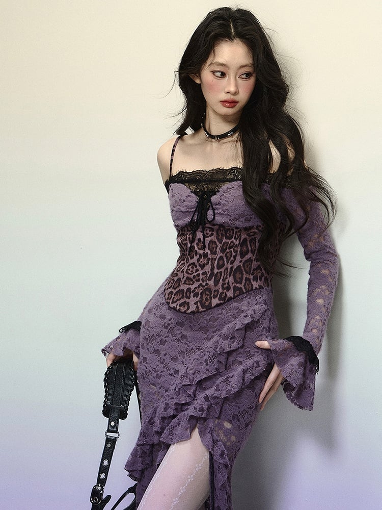 Purple Leopard Corset Bodice High Slit Flounce Hem Mermaid Skirt Off Shoulder Lace Dress Evening Gown