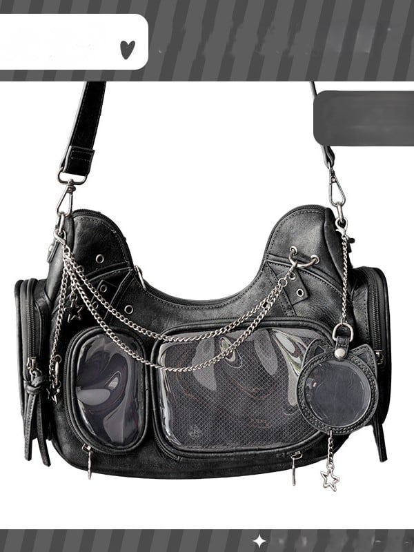 PU Black Design Chain Cat Details Ear Bag with Crossbody Ita