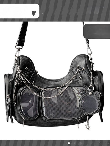 PU Black Design Chain Cat Details Ear Bag with Crossbody Ita