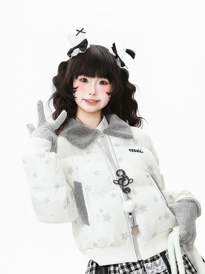 Blue Closure Off-white/Dark Pattern Blouson Star with Daily Kawaii Fleece-lined Jacket Zipper