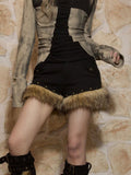 Slant Shorts Fur Punk Studded Black Y2K Faux with Pockets Button-Accented Trim