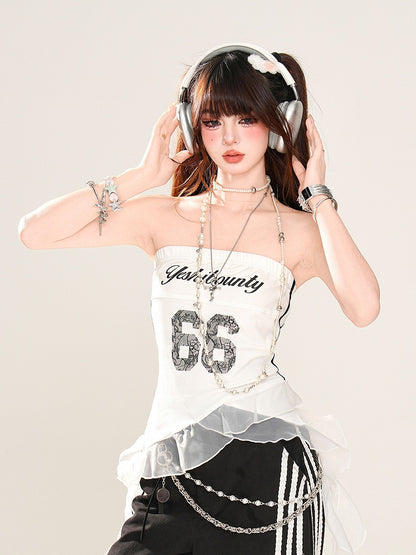 Asymmetrischer Saum Glamorous Mesh Print Schwarz/Weiß Trägerloses Top Nummer