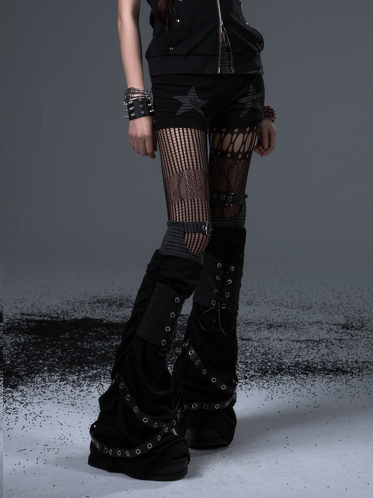 Schwarze Beinwärmer mit Schnürung, Punk, mit Metallstrick