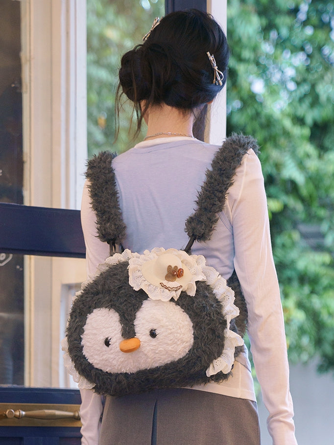 Backpack Gray Plush Penguin-shaped Trim Lace