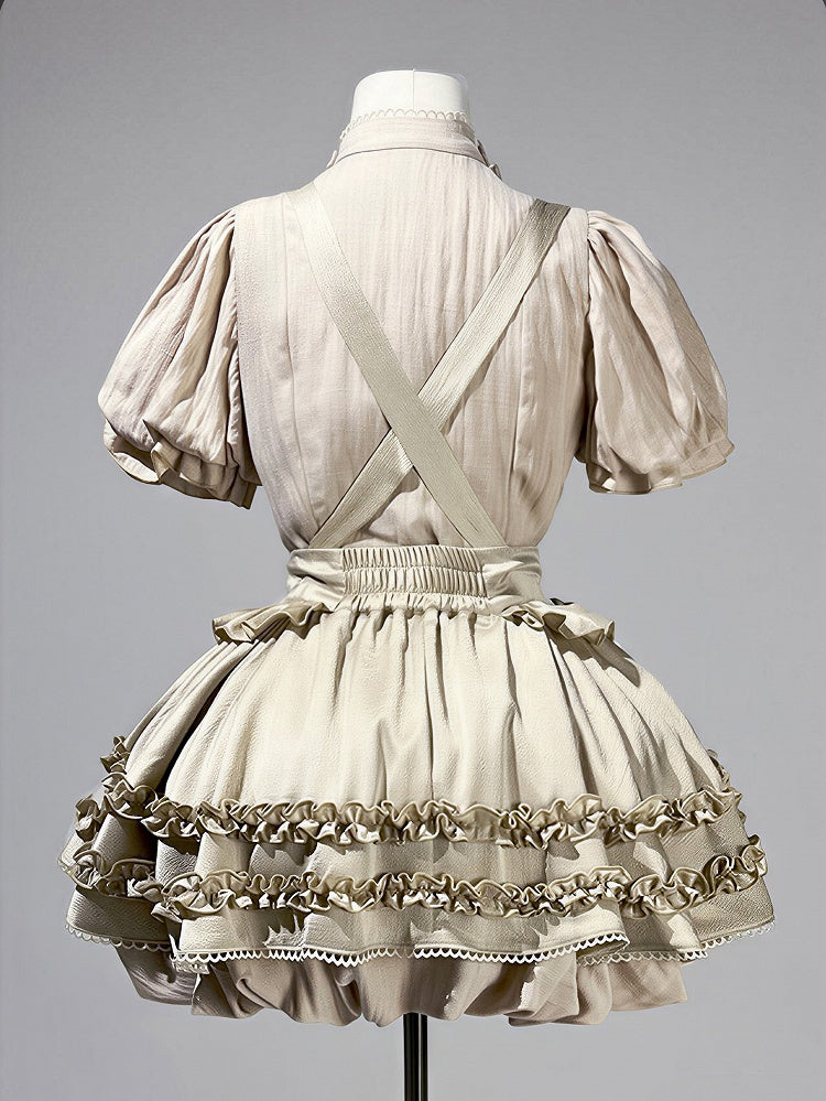 Sweet Blouse and Ruffle Bubble Skirt Set with Cross Straps - Unknown Star
