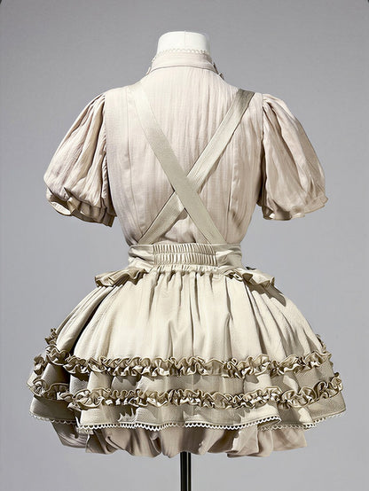 Sweet Blouse and Ruffle Bubble Skirt Set with Cross Straps - Unknown Star