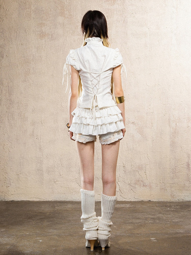 Fashion Skort Punk Beige Gyaru Waist Elastic Print with Leopard Ruffle Layers