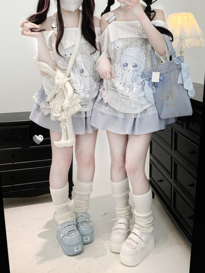 Off-the-shoulder Neckline White Jirai Kawaii Cartoon Yami Print