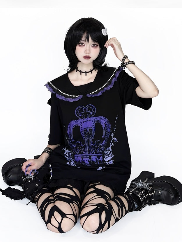 with Purple Crown White and Print Shoulders - Cutout / T-Shirt Collar Black Beaded Sailor