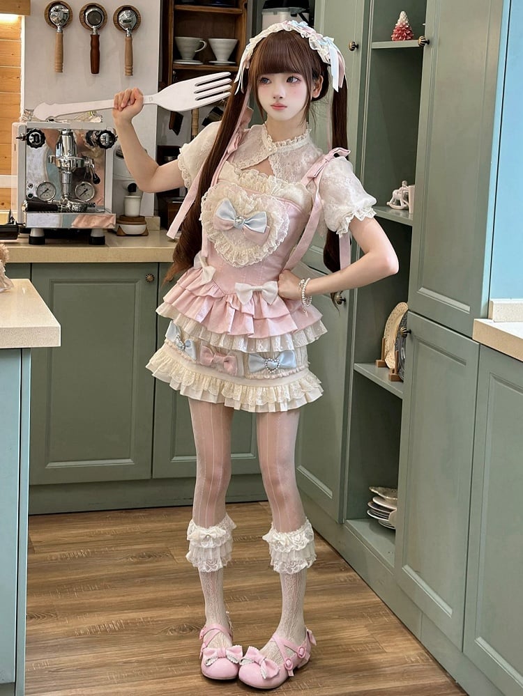 Ärmel Cami Cropped Puff Top + Set Lolita Pink und süßer blauer Rock - Full Accents Bow
