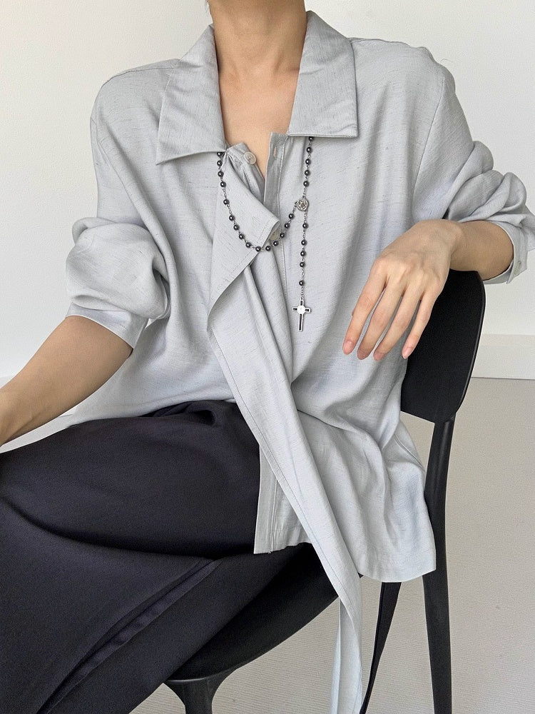 Retro Light Ouji Long with Shirt Cuff Lolita Pointed Ribbon Draping Button Blue Collar