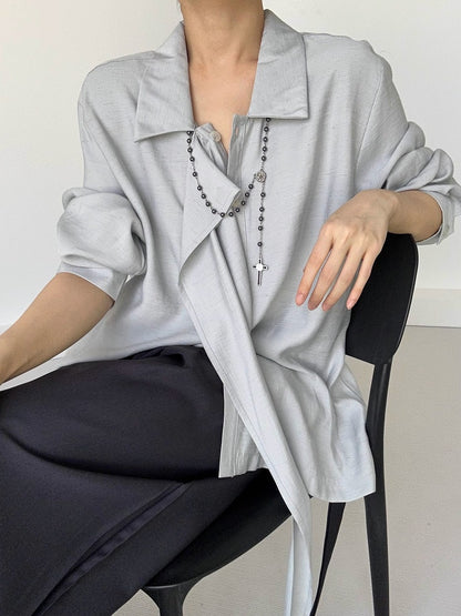 Retro Light Ouji Long with Shirt Cuff Lolita Pointed Ribbon Draping Button Blue Collar