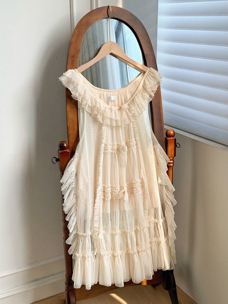 Dots Overdress Pink Bow Ruffle Trim Style House Beige Details and Tulle