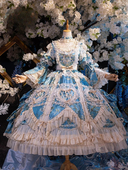 with Sleeves Sweetheart and Ruffle Layers Bell Applique Gorgeous Blue Gown Hime Lolita Beaded Lace