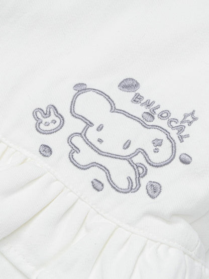 White Ruffled Shorts with Star & Puppy Embroidery - Languid Park