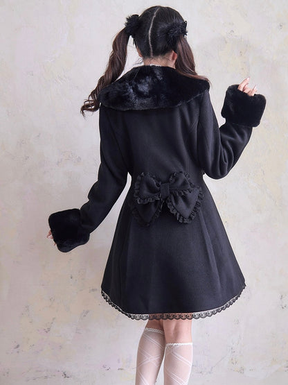 Lace and Rhinestone with Cuffs Coat Collar Fuzzy Kei Accent Bow Black Jirai Trim