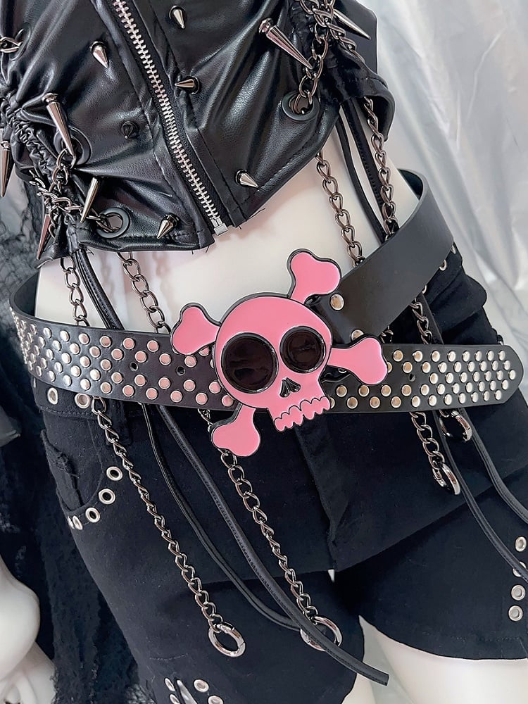 Modischer Gyaru verzierter Skelett-Taillengürtel aus PU in Schwarz und Rosa im Y2K-Stil