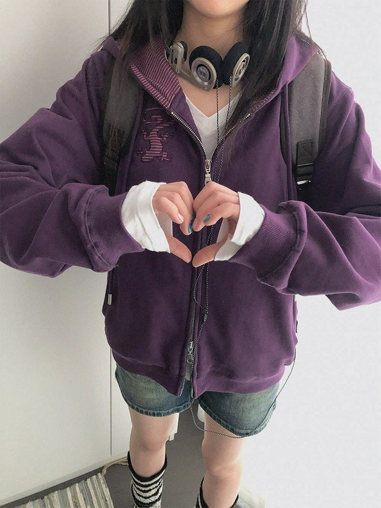 Retro Fall Dark Purple Hooded Zip Jacket with Gecko Motif and Striped Accents - innomoood