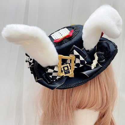 Decorated Ears Hat BlackWhite Bowknot Mini Bunny