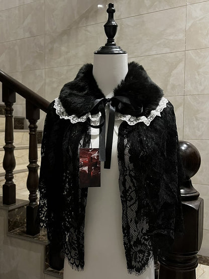 Lolita Lace Gothic Fur-Collared with Edging Cape Faux