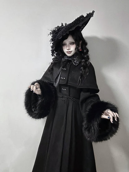 Gothic High and Cape Collar Black Lolita Woolen Furry with Detachable Coat Cuffs Winter