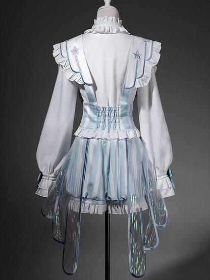 White & Blue Long Sleeves Ouji Style Lolita Shirt + Striped Lolita Suspender Bloomer Shorts with Angel Wing Train Set - Unknown Star