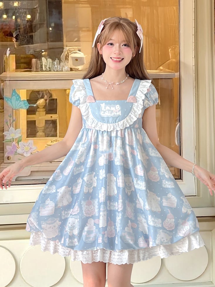 Entzückendes süßes Lolita-Kleid mit Lamm-Print, blau, quadratischer Ausschnitt, Puffärmel
