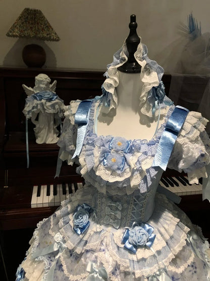 Hime Blue Lolita with Accents Puffy Dress Ruffle Multi-Layered Light Rose
