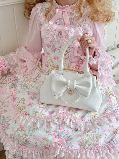 Ivory Classic Lolita Purse with Pearl Link and Ribbon Bow - Sheep Puff Bag